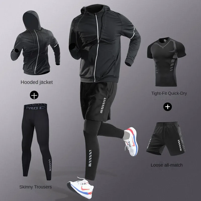 Home Gym Set - 3–7 Stück Herren-Eisfaser-Schnelltrocknender Lauf-Fitness-Komplettset/Anzug-Trainingsanzug für Marathon,