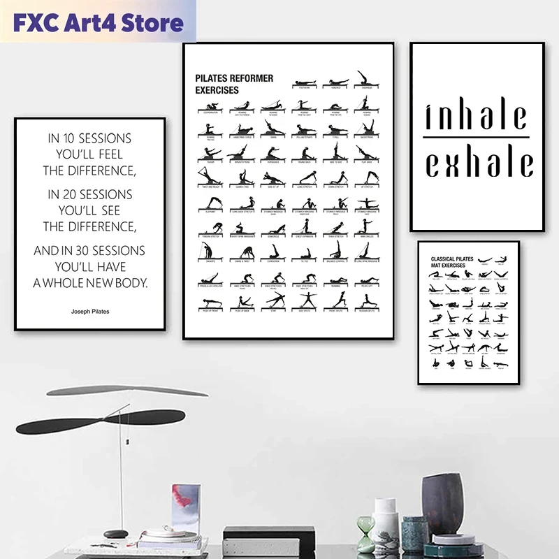 Home Gym Room - Rahmenloses Pilates-Workout-Diagramm Poster Leinwanddrucke Yoga-Raum Wanddekoration,